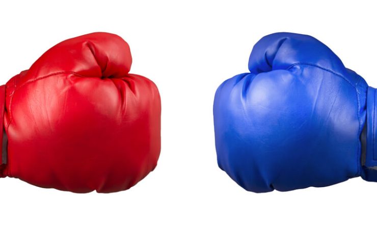 Red boxing glove and blue boxing glove on opposite sides of each other