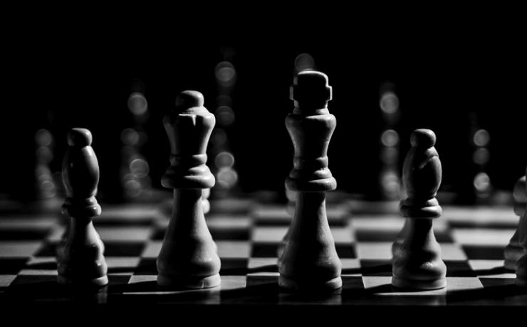Black and white photo of a chess game