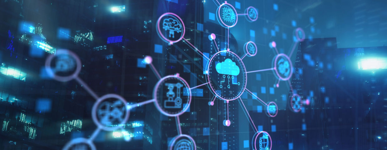 Illustration for concept of automated data exchange displaying networking and cloud computing icons that are interconnected