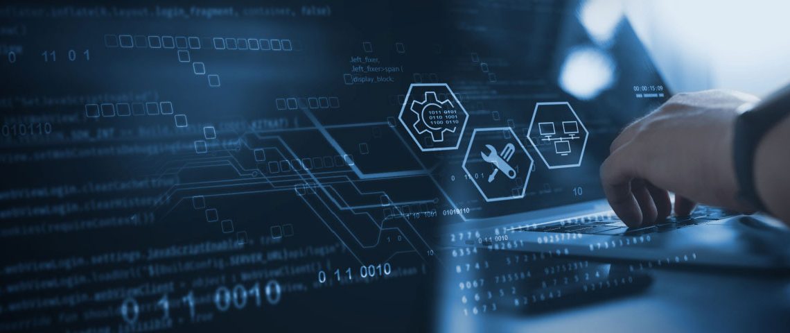 Hands typing on laptop with IT customer support icons displaying on the screen