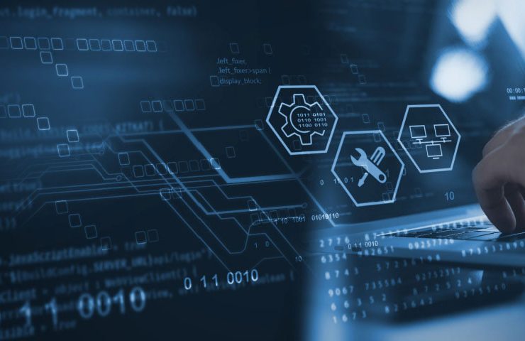 Hands typing on laptop with IT customer support icons displaying on the screen