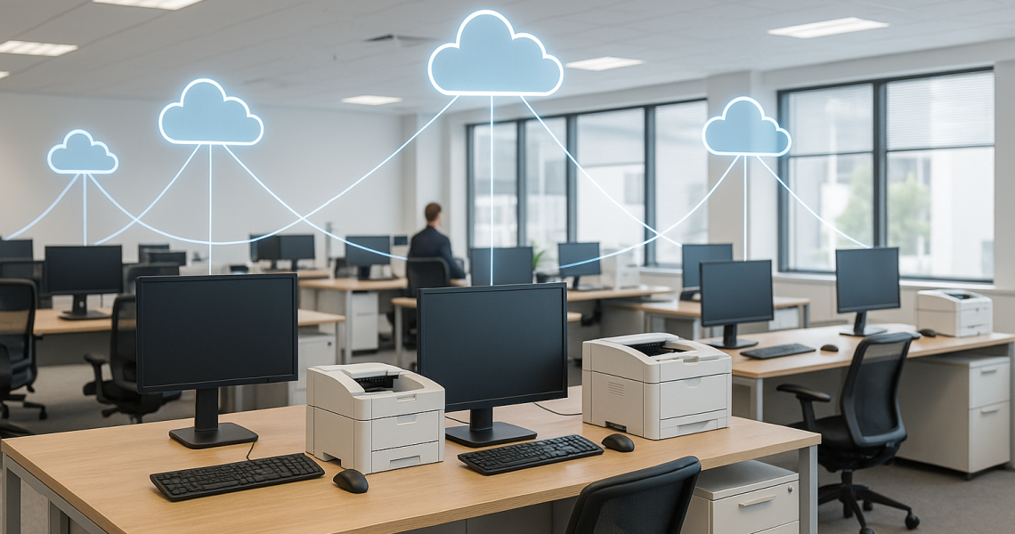 Modern office with desks, computers, and printers connected to cloud icons by glowing digital lines, representing integrated technology and workflow.