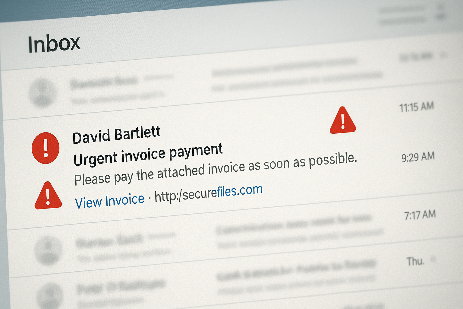 phising email Example of a phishing email with fake urgent invoice payment request and malicious link, used to warn businesses about cybersecurity threats.