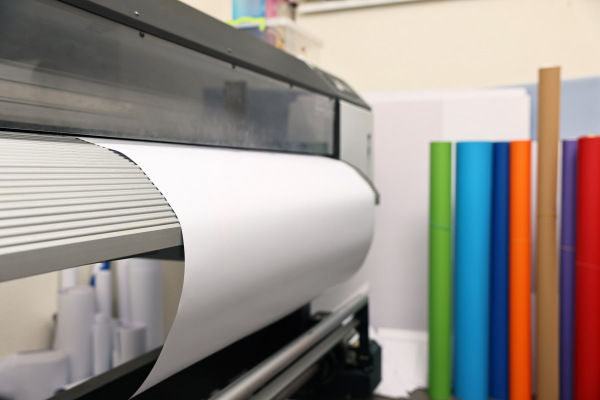 Wide Format Printer with Colored Paper in the background