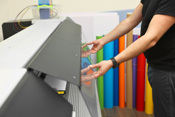 Man working on wide format printer to print banner